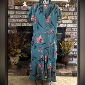 Floral Faux Wrap Dress Flutter Sleeves Tiered Ruffle Hem Midi Dress Sz XL